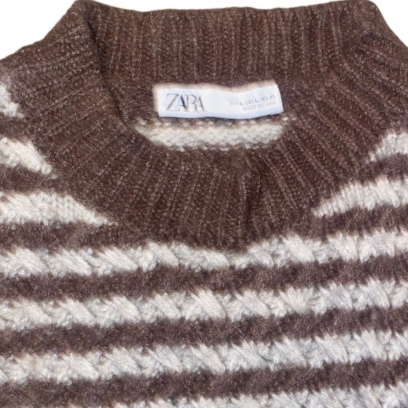 ZARA Brown and White Striped Oversized Slouchy Cozy Crewneck Knit Sweater Large - Picture 12 of 15